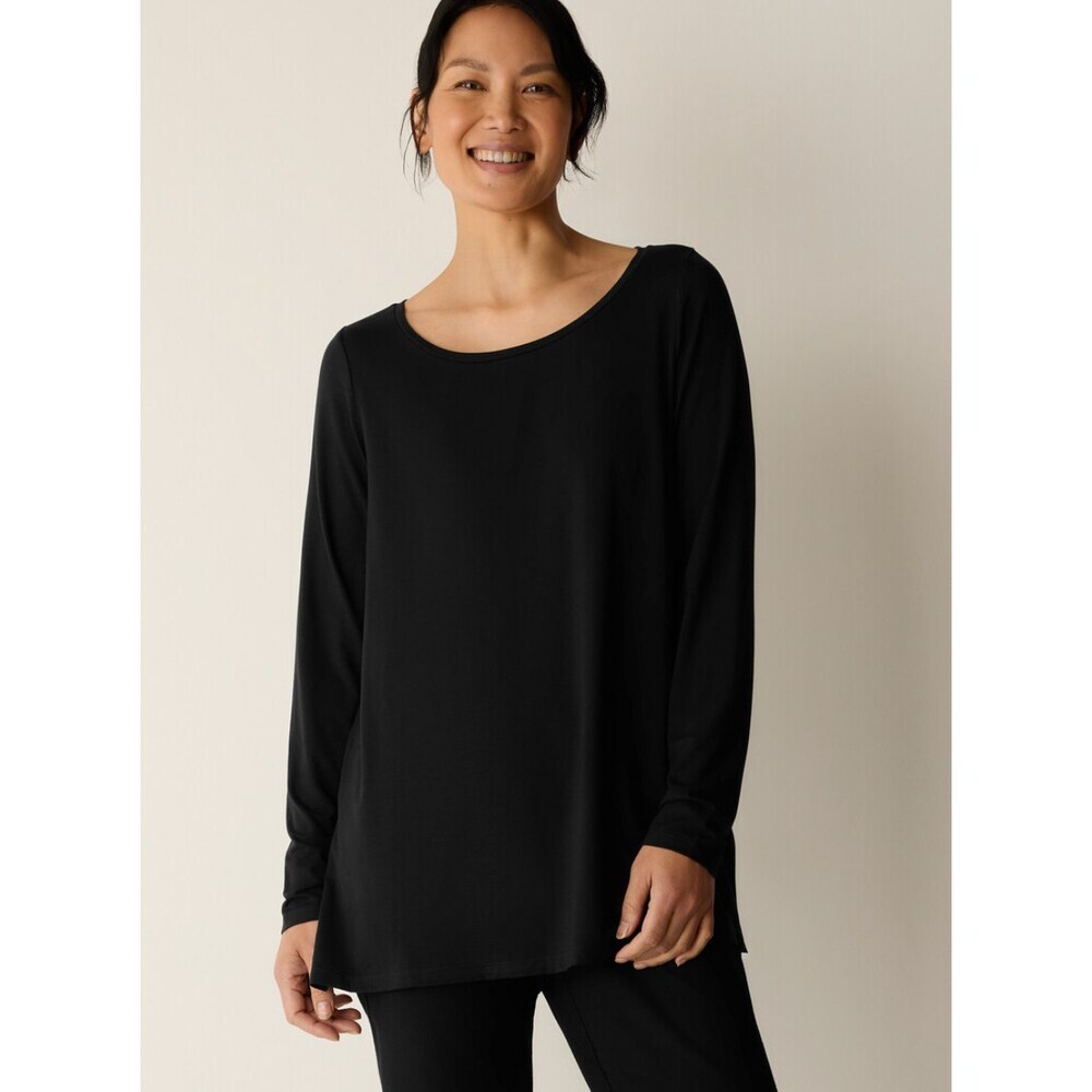Eileen Fisher NWT Boat Neck Black Tunic Short Sleeve Size 1X Stretchy Soft